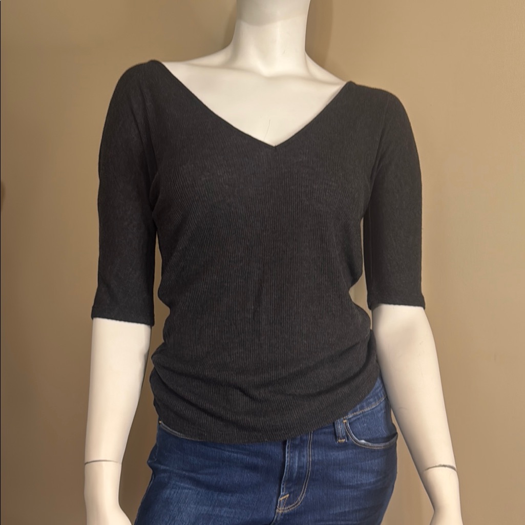 Nwt Zara Dark Charcoal V-Neck 3/4 Sleeve Tee